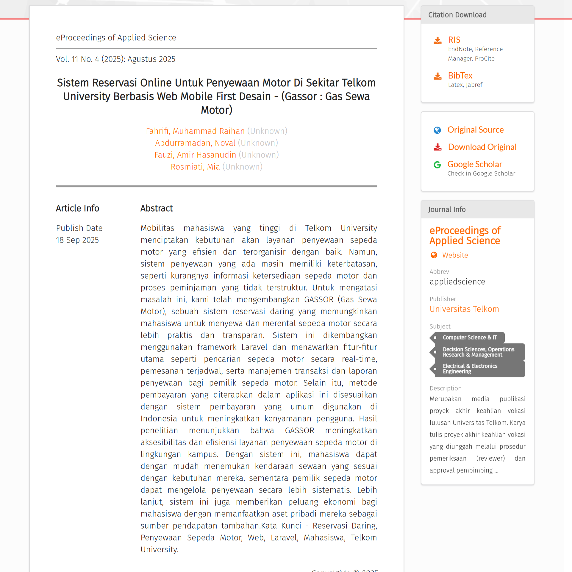 Poster jurnal GASSOR (Gas Sewa Motor)